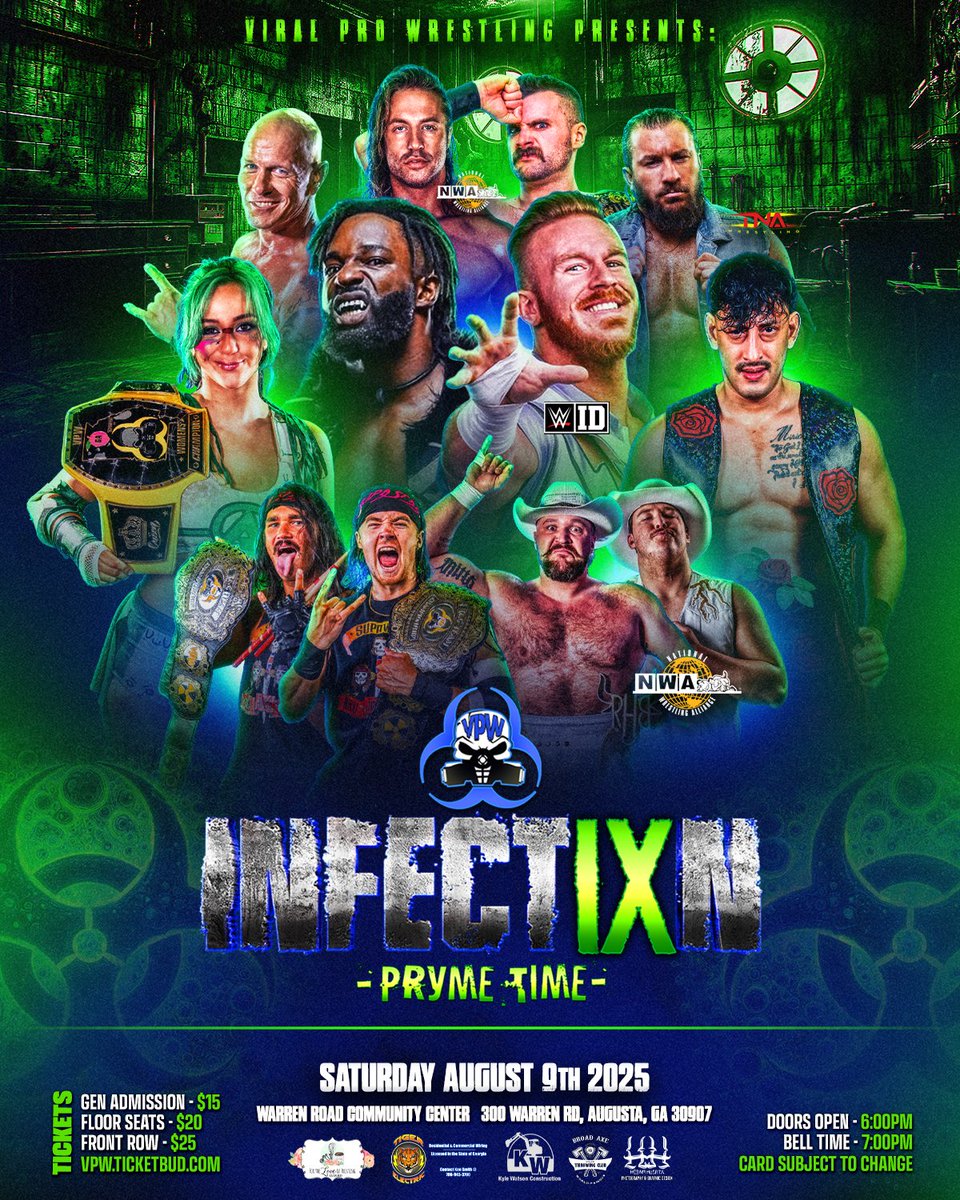 "🚀 TICKETS GOING FAST! ⏰ Don't miss Viral Pro Wrestling: Infection IX Pryme Tyme this Sat! 🤩 LIVE action featuring NWA, TNA, WWE NXT &amp; more! GET INFECTED!!! 💥 

Get Tix: 🎟 vpw.ticketbud.com

#VPWInfectionIX #ProWrestling #AugustaEvents"