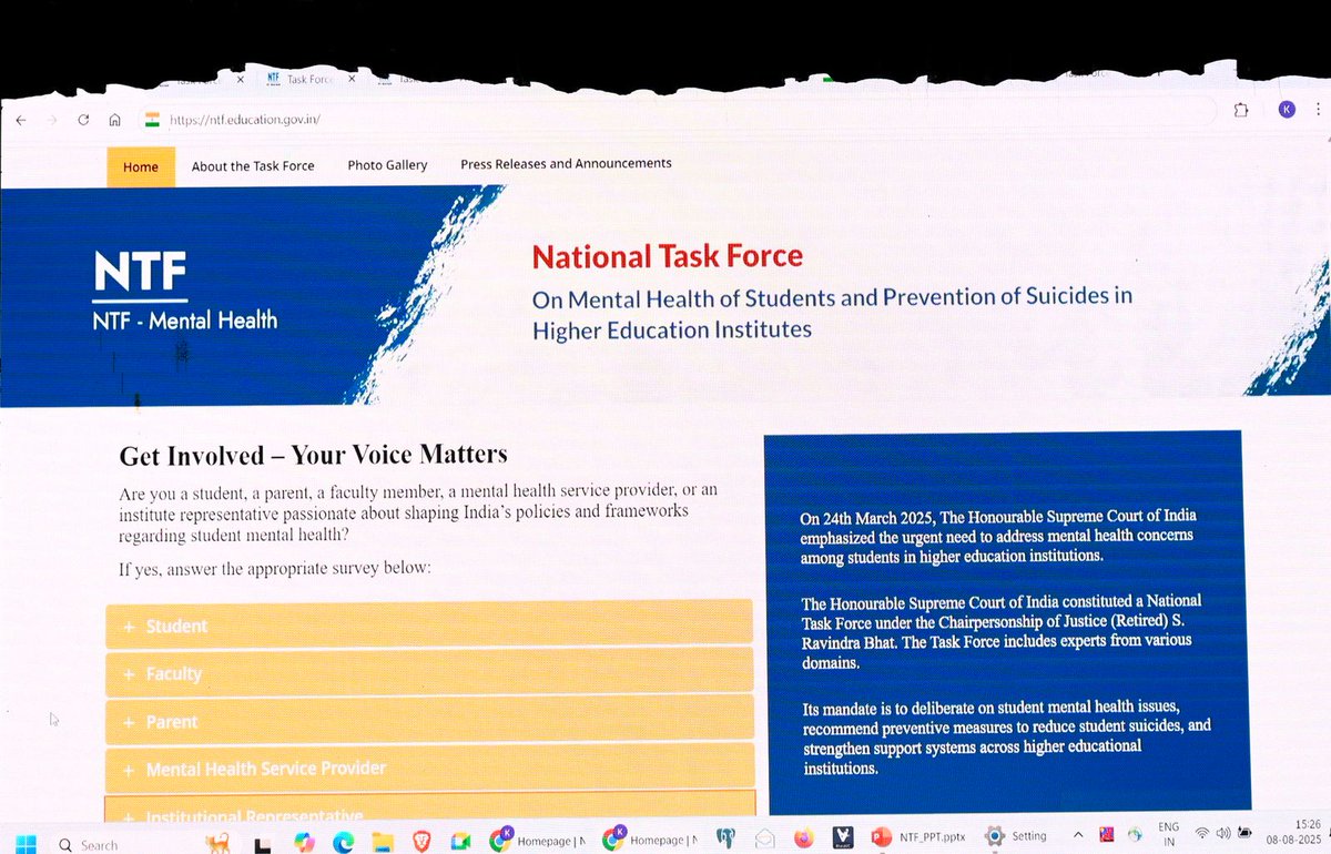 The National Task Force on Student Mental Health and Suicide Prevention has launched its dedicated website in New Delhi today. This platform will collect suggestions and feedback from students, parents, teachers, and mental health experts to shape effective, inclusive, and