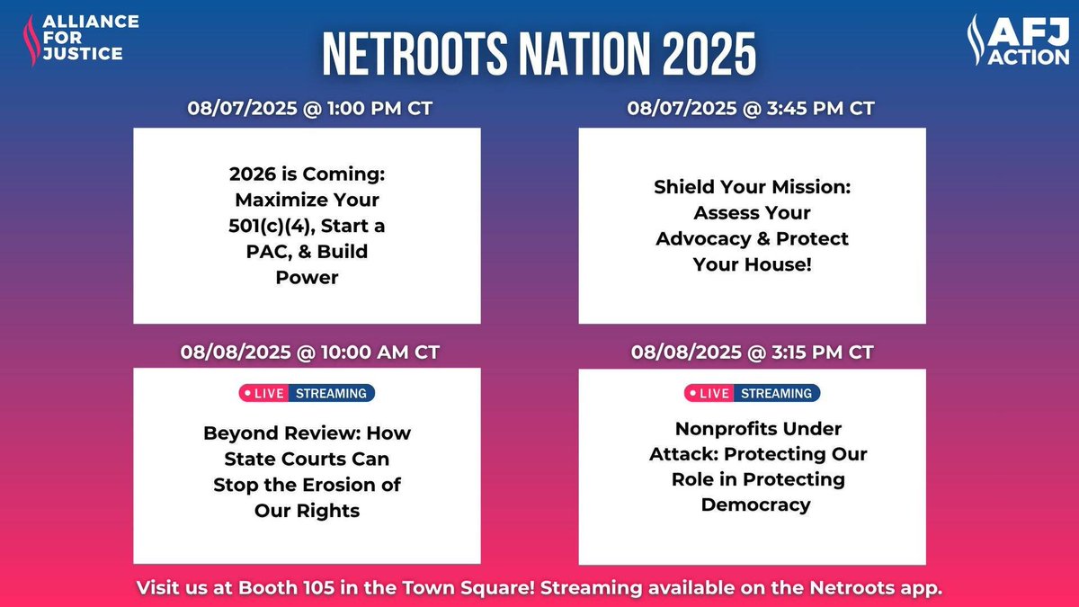 AFJ Action Campaign (@afjaction) on Twitter photo Are you at Netroots?
Don’t miss our final sessions! Come learn how we can continue building power, fighting for fair courts, and protecting our democracy. Be sure to stop by our table to say hello, grab resources, and discover how to get involved! 💥 #NN25 <a href="/Netroots_Nation/">Netroots Nation</a> Are you at Netroots?
Don’t miss our final sessions! Come learn how we can continue building power, fighting for fair courts, and protecting our democracy. Be sure to stop by our table to say hello, grab resources, and discover how to get involved! 💥 #NN25 <a href="/Netroots_Nation/">Netroots Nation</a>