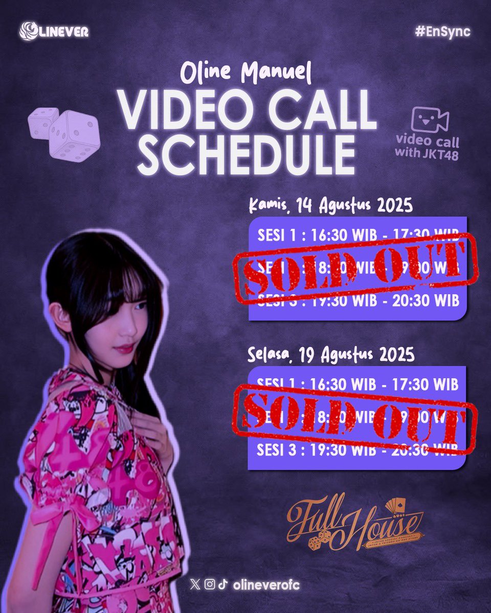 olinara_'s tweet photo. ‼️ SOLD OUT ‼️
Terima kasih banyak semuanya! 💜
Semua sesi video call @M_OlineJKT48 "JKT48 Special Concert FULL HOUSE | JKT48 & Friends on One Stage” pada tanggal 14 & 19 Agustus 2025 sudah SOLD OUT!!
See you wr brokk! 👩🏻🍳
#VidCalline
#EnSync https://t.co/C6OgVuZjVx