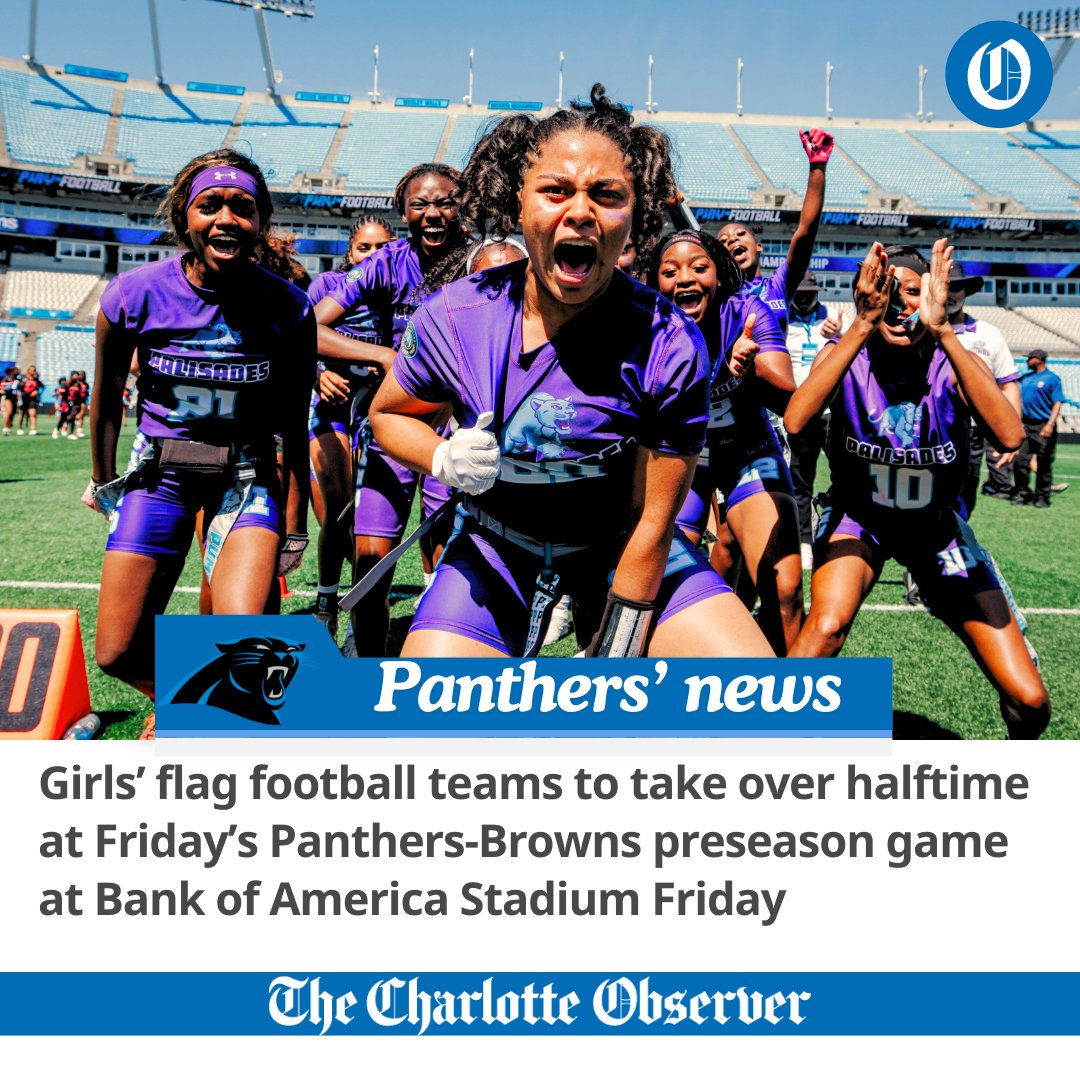 Langston Wertz Jr. (@langstonwertzjr) on Twitter photo Girls' flag football will be on display during tonight's Panthers-Browns preseason game at Bank of America Stadium.
Players from South Carolina's first all-girls' middle school flag league — launched earlier this year with the <a href="/Panthers/">Carolina Panthers</a> — will run out of the tunnel just ahead of Girls' flag football will be on display during tonight's Panthers-Browns preseason game at Bank of America Stadium.
Players from South Carolina's first all-girls' middle school flag league — launched earlier this year with the <a href="/Panthers/">Carolina Panthers</a> — will run out of the tunnel just ahead of