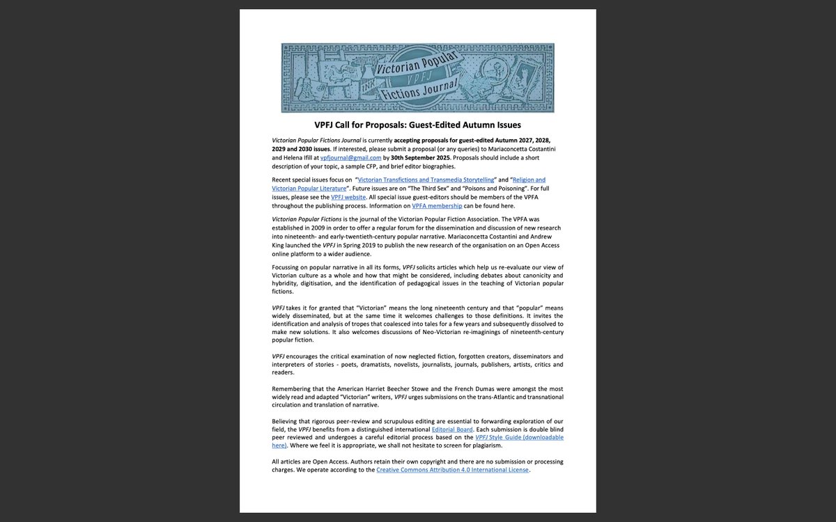 VPFA (@vpfa1) on Twitter photo The Editors of Victorian Popular Fictions are looking for guest editors for autumn special issues from 2027 - 2030. Please see the attached CFP. The deadline for proposals is 30th September 2025, and we are happy to take any queries, please just email us at vpfjournal@gmail.com. The Editors of Victorian Popular Fictions are looking for guest editors for autumn special issues from 2027 - 2030. Please see the attached CFP. The deadline for proposals is 30th September 2025, and we are happy to take any queries, please just email us at vpfjournal@gmail.com.