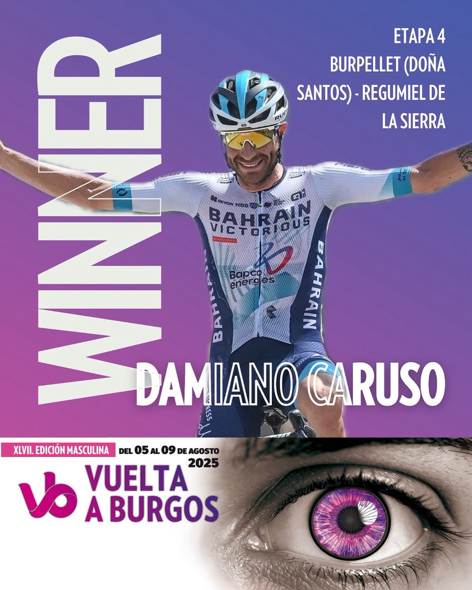 VueltaBurgos's tweet photo. La experiencia de Damiano Caruso sale a relucir en Regumiel de la Sierra ⛰️

El ciclista italiano se lleva la 4ª etapa “Energía Natural” 🔋🍃

😍 Vuelta a #Burgos, toda una provincia por descubrir 💜

#UCIProSeries
#Burgos #VueltaBurgos https://t.co/aOPha6Vcws