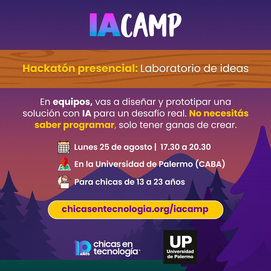 Facultad de Ingeniería UP (@upingenieria) on Twitter photo ¡Sumate al IA Camp - Hackatón organizado por @upingenieria y <a href="/chicasentec/">Chicas en Tecnología</a>! 🚀
▶️ Actividad libre y gratuita para chicas de 13 a 23 años
▶️ En equipos, vas a idear y prototipar una solución con IA para un desafío concreto, usando herramientas de IA.
📲 palermo.edu/ingenieria/202… ¡Sumate al IA Camp - Hackatón organizado por @upingenieria y <a href="/chicasentec/">Chicas en Tecnología</a>! 🚀
▶️ Actividad libre y gratuita para chicas de 13 a 23 años
▶️ En equipos, vas a idear y prototipar una solución con IA para un desafío concreto, usando herramientas de IA.
📲 palermo.edu/ingenieria/202…