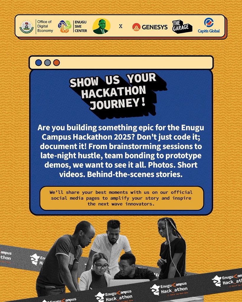 Enugu SME Agency (@enugusmeagency) on Twitter photo Your code isn’t the only thing that should go viral 
Show us your #HackathonJourney.
Drop reels, BTS clips, brainstorming chaos & more
Use #MyEnuguCampusHackathonStory #BuildTheNextWave + tag us for a feature!
Let’s make storytelling part of the innovation wave Your code isn’t the only thing that should go viral 
Show us your #HackathonJourney.
Drop reels, BTS clips, brainstorming chaos & more
Use #MyEnuguCampusHackathonStory #BuildTheNextWave + tag us for a feature!
Let’s make storytelling part of the innovation wave