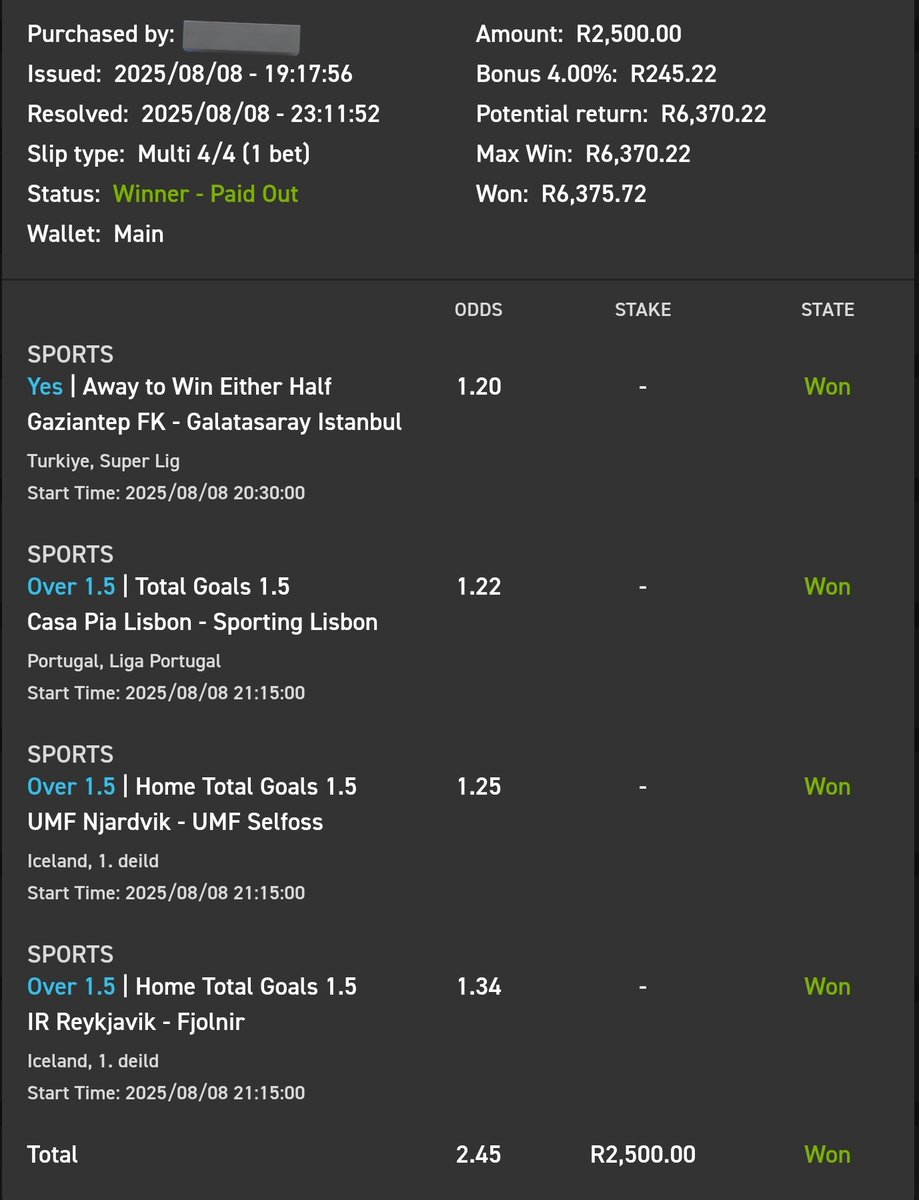 R6 375 in the bag

🔥🔥🔥🔥BOOM🔥🔥🔥

Congratulations 🎊 if you followed 

T&amp;Cs Apply 18+
💛💛💛💛💛