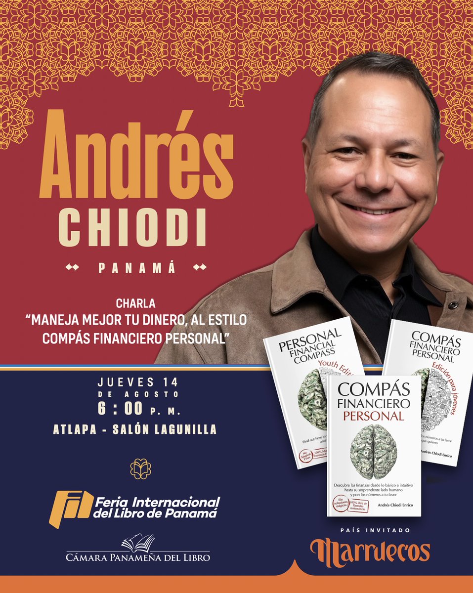 CompasFinancier's tweet image. 📚✨ Ven a mi charla en la #FILPanamá2025:
“Maneja mejor tu dinero, al estilo Compás Financiero Personal”
📅 Jue 14 ago 6 pm | 📍 Salón Lagunilla – Atlapa
💡 Método de los 6 compases
📘 Presentación de Personal Financial Compass Youth Edition
✅ Cómo prepararte antes de invertir