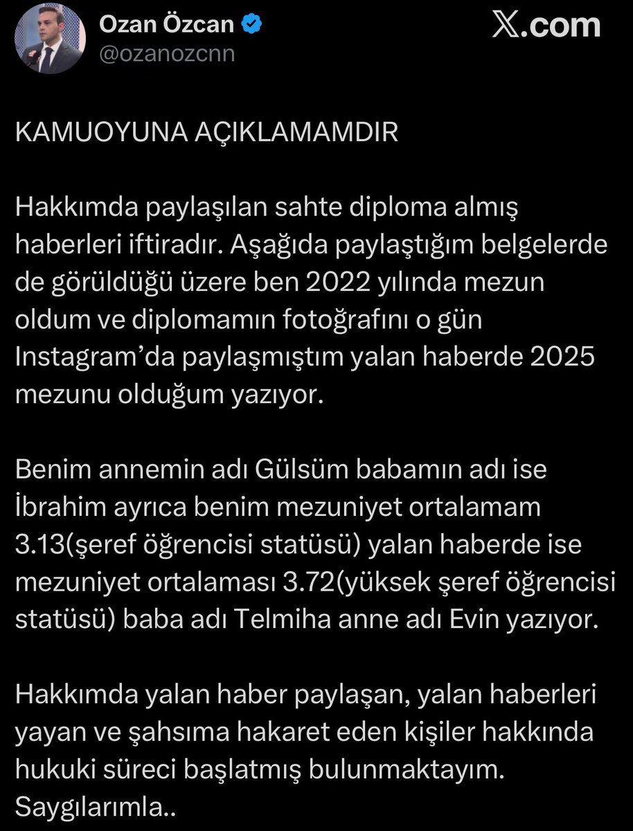 Ekrem İmamoğlu'nun sahte diploma olayını ifşa edip şikayet eden bu kardeşimizi Kemalistler ve fetöcüler diploması sahte diyerekten linçliyorlar..
Kamuoyuna açıklama yapmış bu iftirayı atanlar için hukuki olarak gerekeni yapacaktır..
Bizde destek olalım lütfen bu delikanlı