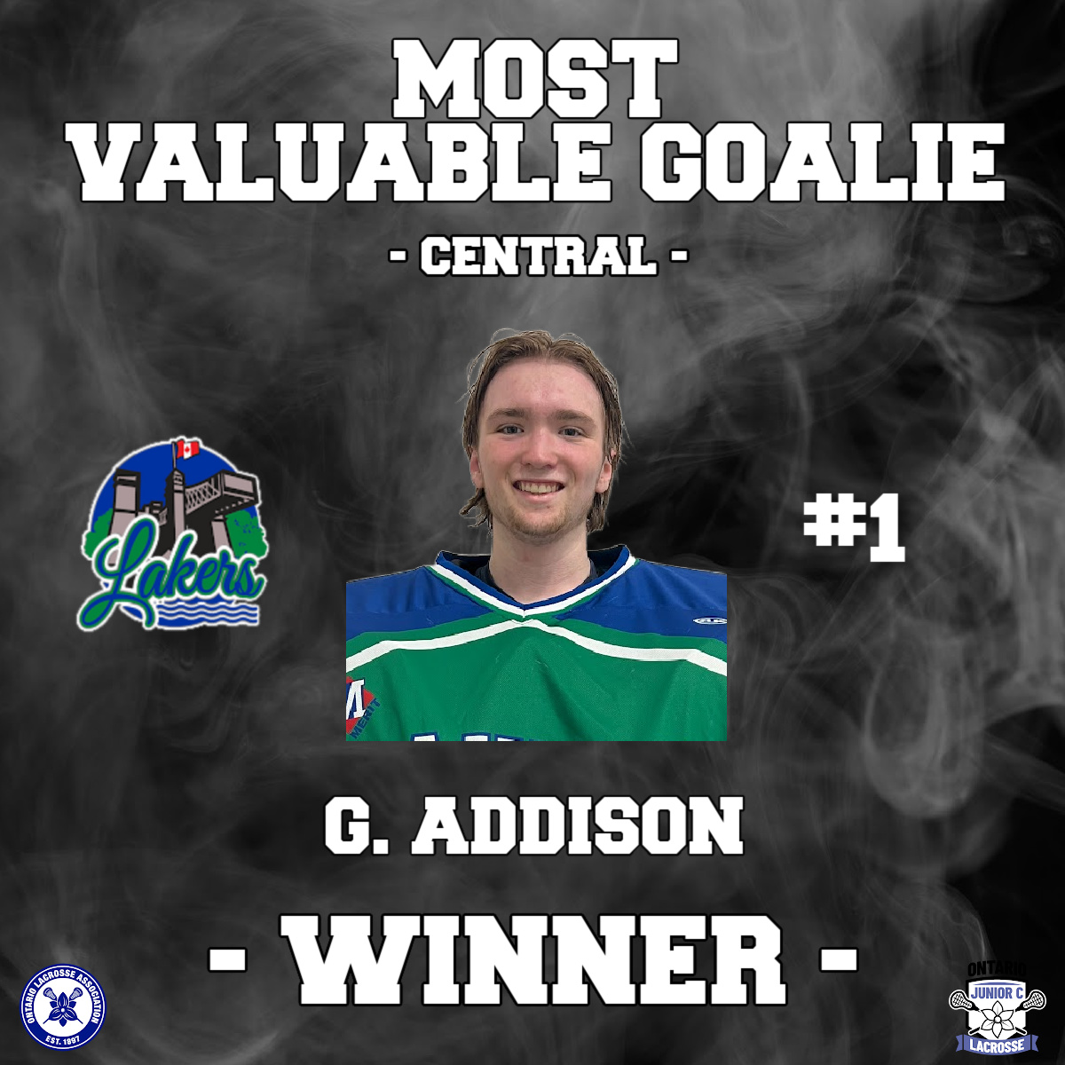 Quick reflexes, smart positioning, and a never-quit attitude made Geordy Addison a force for the Peterborough Lakers this season. 

He’s your 2025 Central Conference Most Valuable Goalie. 

#OJCLL #Lacrosse