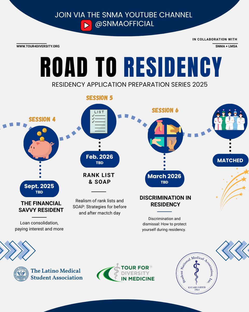The Student National Medical Association (SNMA) (@snma) on Twitter photo Applying to residency this year? Want all of the best tips & tricks? We've got you. The '25-'26 Road to Residency Program kicks off 8/12 & 8/14, 8pm EST/7pm CST, then a week of panels! This is CAN'T MISS info!
📺 8/12: bit.ly/3XXdv1d
📺 8/14: bit.ly/NRVmKu Applying to residency this year? Want all of the best tips & tricks? We've got you. The '25-'26 Road to Residency Program kicks off 8/12 & 8/14, 8pm EST/7pm CST, then a week of panels! This is CAN'T MISS info!
📺 8/12: bit.ly/3XXdv1d
📺 8/14: bit.ly/NRVmKu