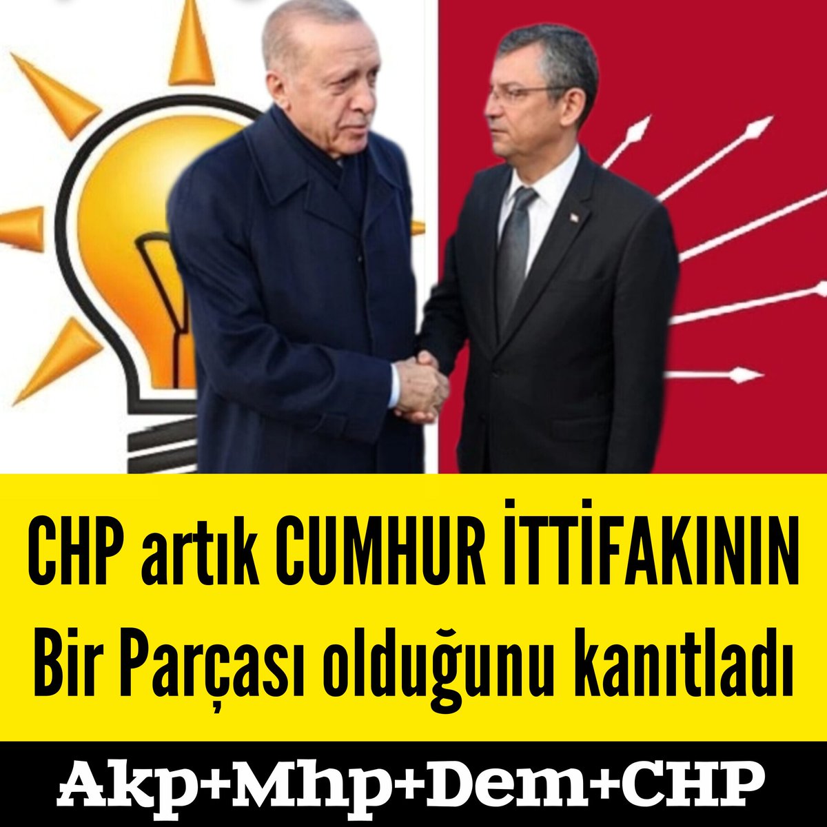 #CHP artık #CUMHURİTTİFAKI'NIN
Bir Parçası olduğunu kanıtladı.

Akp+Mhp+Dem+CHP