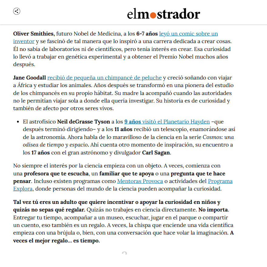 #InfanciaYCiencia #DíaDeLaNiñez ✨📚🔭Especial dedicado a la chispa científica de la infancia en newsletter Universo Paralelo de <a href="/elmostrador/">El Mostrador</a> 
#nuevacolumna 🧭🐒"Regalos y niñez: hay más de un camino para llegar a la ciencia" #sagan #mentoras #astronomía  elmostrador.cl/universoparale…