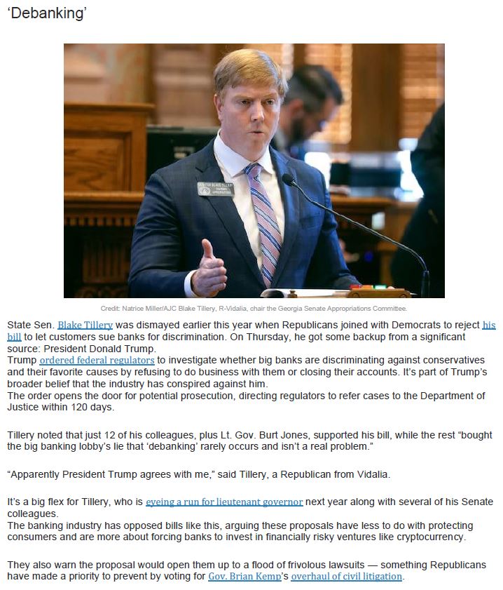 I fought to hold banks accountable for their actions — but the big bank lobby killed it. Now, President Trump &amp; I agree: regulators must hold banks accountable for targeting constitutionally protected actions. I’ll fight for YOU, not the big banks. #gapol #Debanking