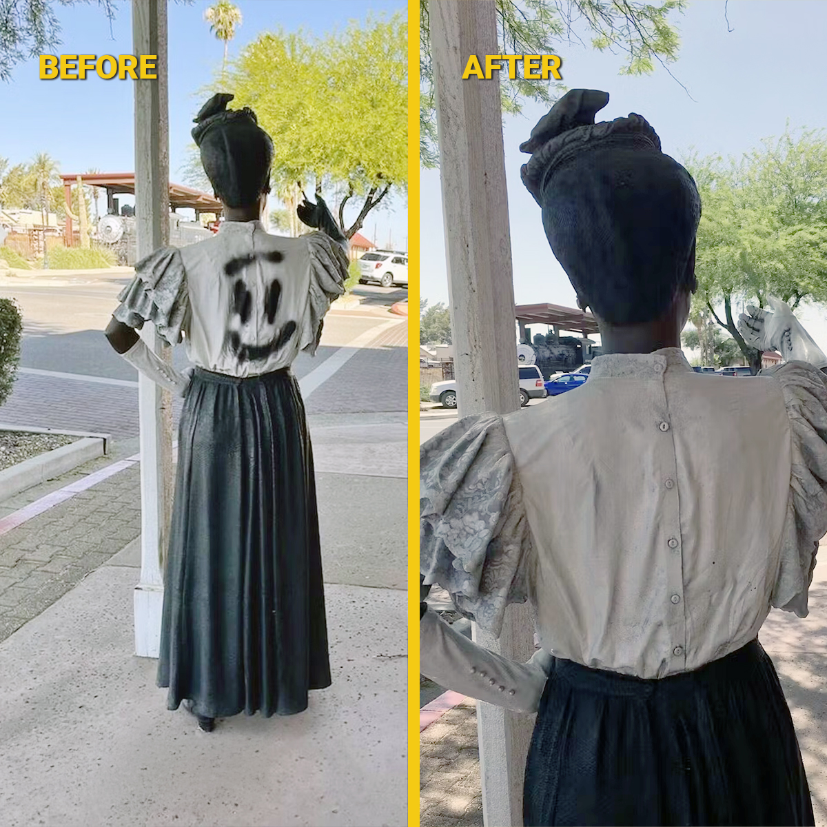 ⭐⭐⭐⭐⭐
"One of our town’s beautiful bronze statues was hit with black spray paint. Found this in #Phoenix. WOW! First brushstroke &amp; the paint lifted. Minutes later it was spotless. Absolutely worth every penny."
📍 bit.ly/WBdealer

#GraffitiRemoval #BeforeAndAfter