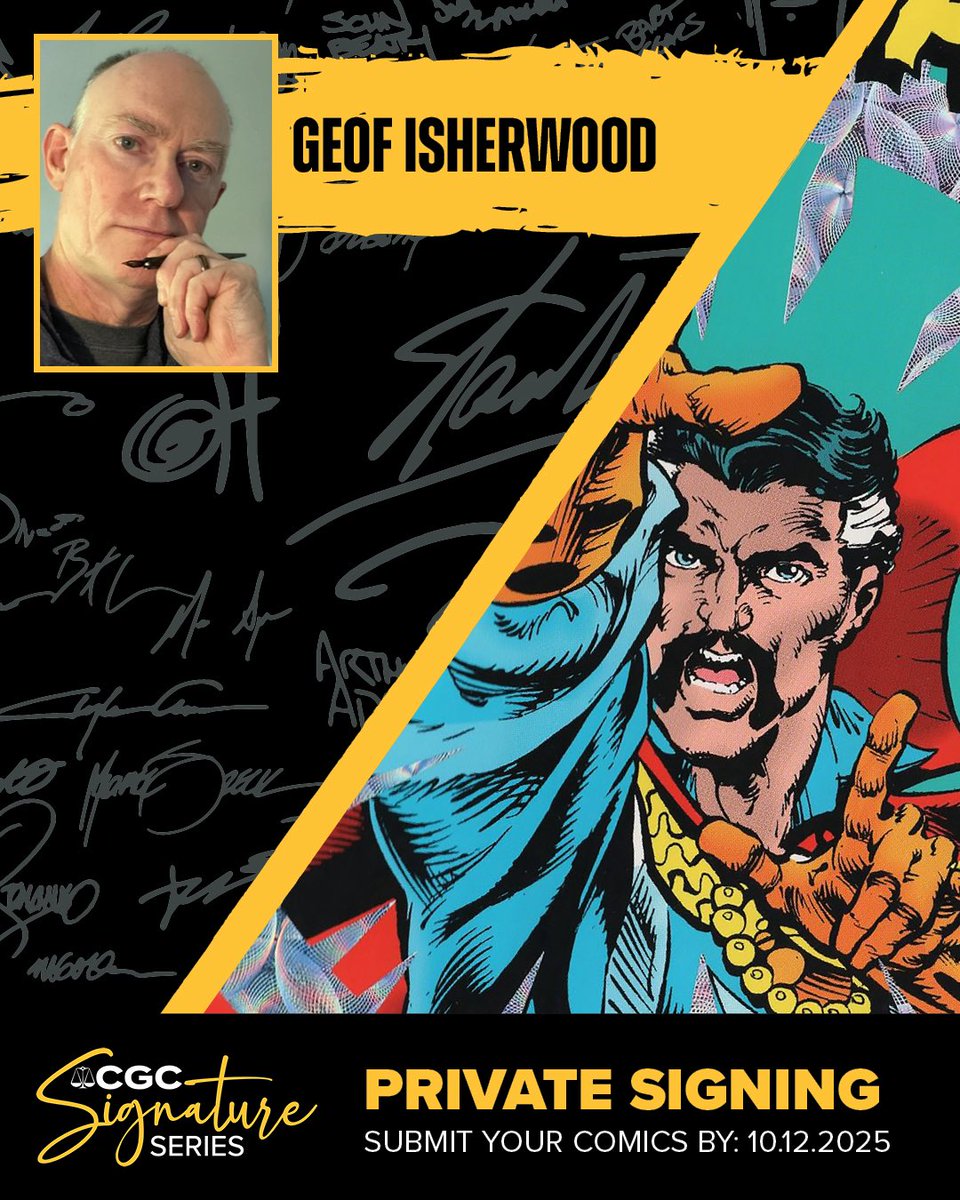 CGC Signature Series (@cgcsigseries) on Twitter photo Our <a href="/CGCSigSeries/">CGC Signature Series</a> team is excited to host #GeofIsherwood for a private signing! ✒️ In addition to signing, he is also offering remarques and sketches. CGC must receive all submissions for this event by October 12, 2025! Hit cgc.click/duz for more info! ✍️ Our <a href="/CGCSigSeries/">CGC Signature Series</a> team is excited to host #GeofIsherwood for a private signing! ✒️ In addition to signing, he is also offering remarques and sketches. CGC must receive all submissions for this event by October 12, 2025! Hit cgc.click/duz for more info! ✍️