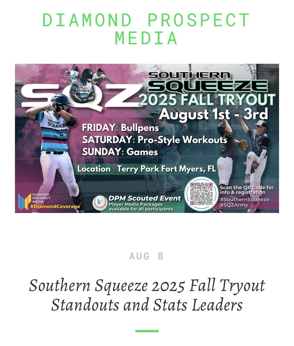 DiamondProMedia's tweet image. This past weekend players from the 2026-2029 classes were in attendance for the @SQZBaseball 2025 Fall Tryout, showcasing their talent over three days. Tonight we highlight the top standouts with report and top stat leaders in various categories: diamondprospectmedia.com/newsreports/so…