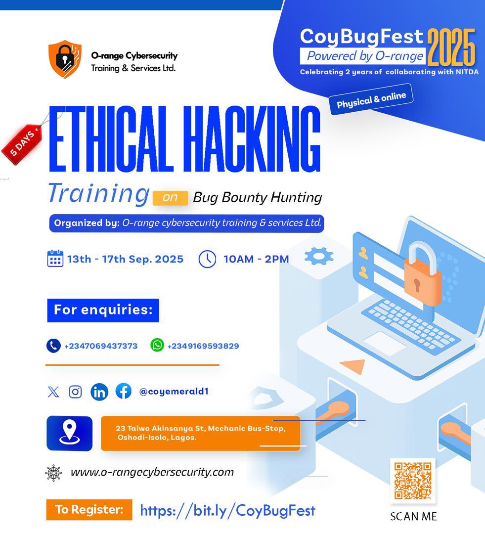 Coy Emerald (Yunus) π³π¬πΊπ¦ (@coyemerald1) on Twitter photo Were you part of the free 5-day Cybersecurity Training jointly organized by <a href="/o_cyberservices/">O-range Cybersecurity Services</a> and NITDA in 2023?
This exclusive opportunity is open only to our past trainees π£οΈ
Register via the link in the flyer or visit bit.ly/CoyBugFest to secure your spot
<a href="/CoyEmerald1/">Coy Emerald (Yunus) π³π¬πΊπ¦</a> Were you part of the free 5-day Cybersecurity Training jointly organized by <a href="/o_cyberservices/">O-range Cybersecurity Services</a> and NITDA in 2023?
This exclusive opportunity is open only to our past trainees π£οΈ
Register via the link in the flyer or visit bit.ly/CoyBugFest to secure your spot
<a href="/CoyEmerald1/">Coy Emerald (Yunus) π³π¬πΊπ¦</a>