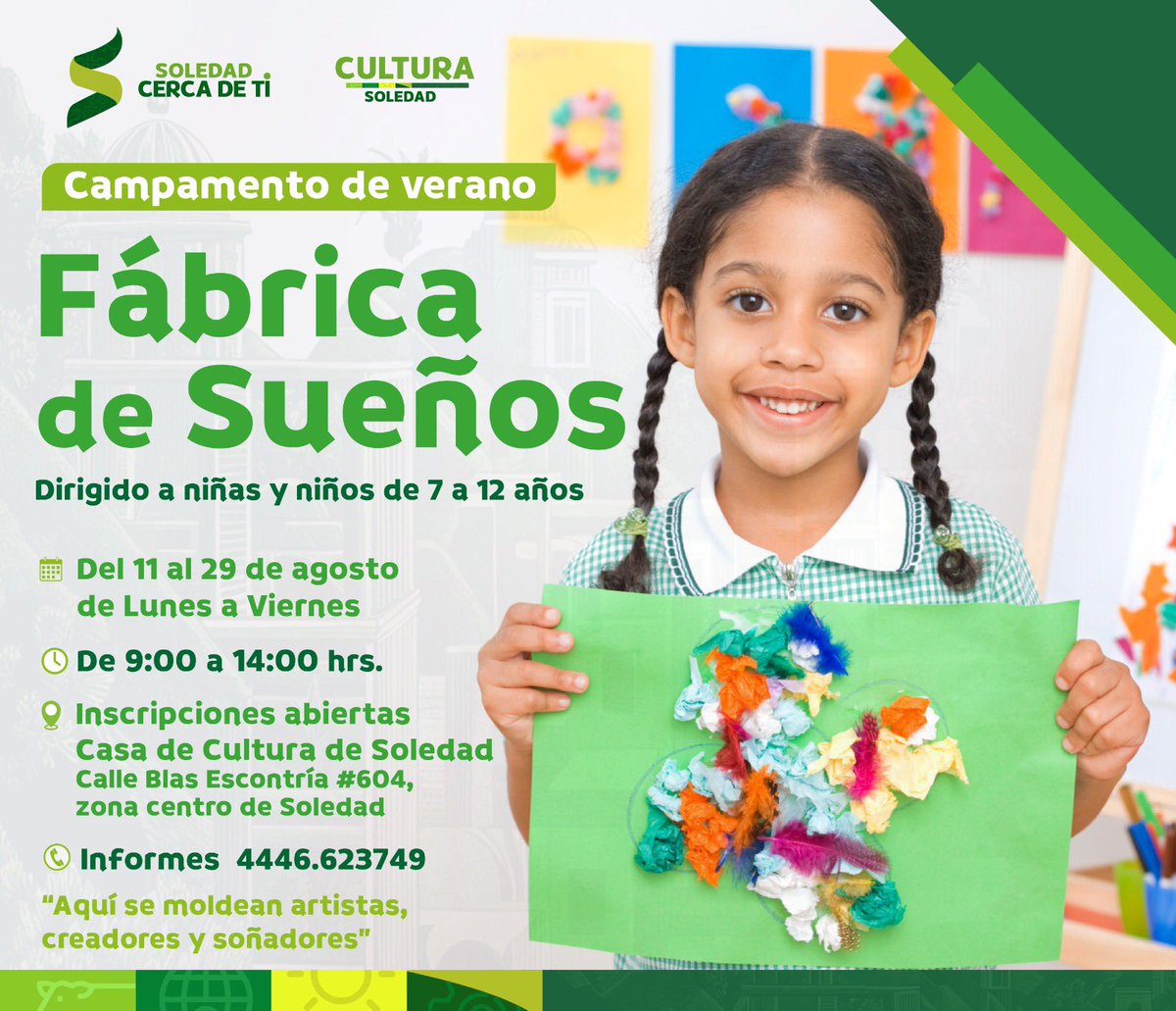 El taller "Fábrica de Sueños" abre sus puertas en la Casa de la Cultura de Soledad, con actividades artísticas para niños de 7 a 13 años.

 ¡Inscríbete y deja volar la imaginación! #SoledadCercaDeTi
#SoledadSinLimites