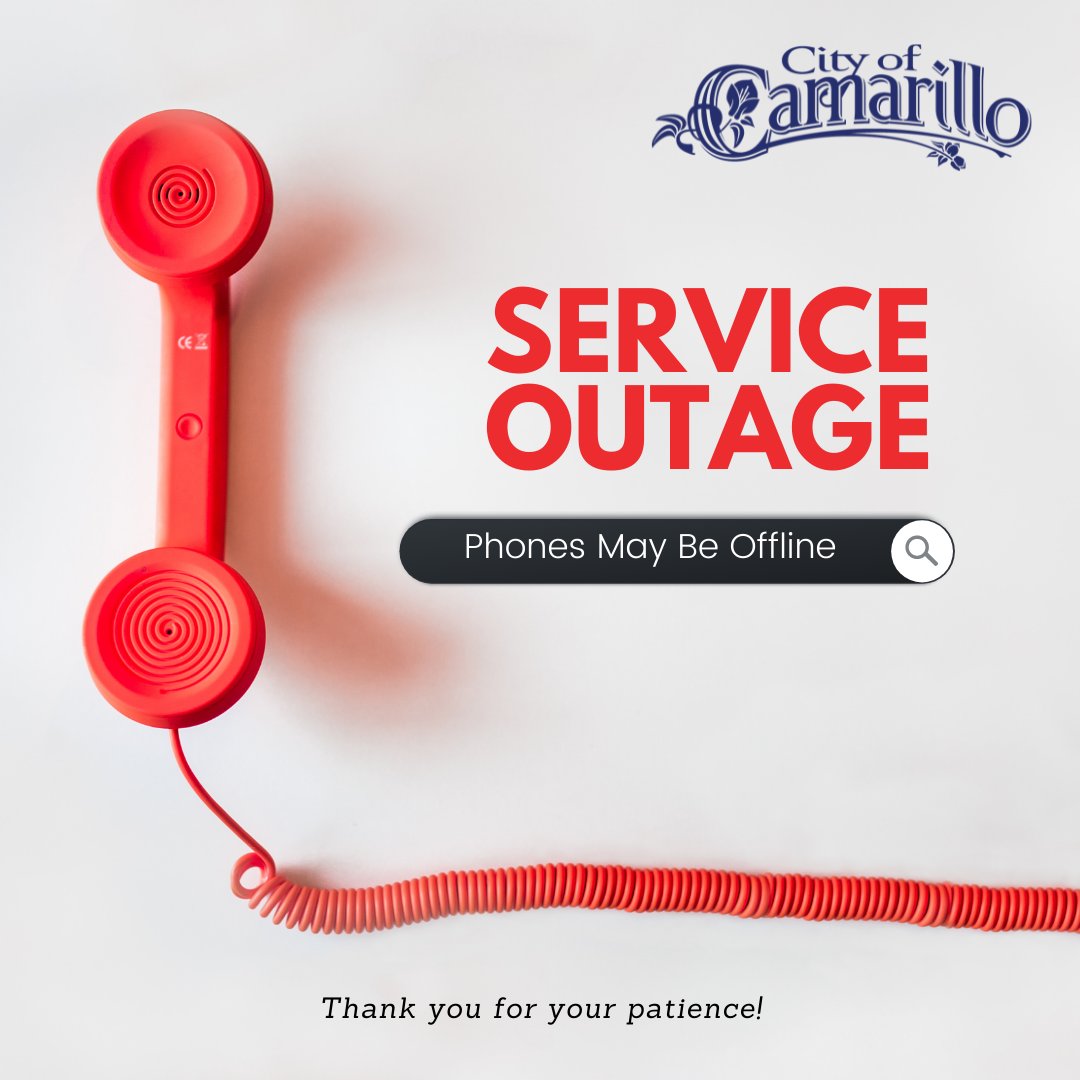 PHONE SERVICE OUTAGE FOR CITY HALL 

Due to an outage at City Hall, phones are currently offline. There is no estimate for service restoration. Please utilize the online services available at cityofcamarillo.org in the meantime.