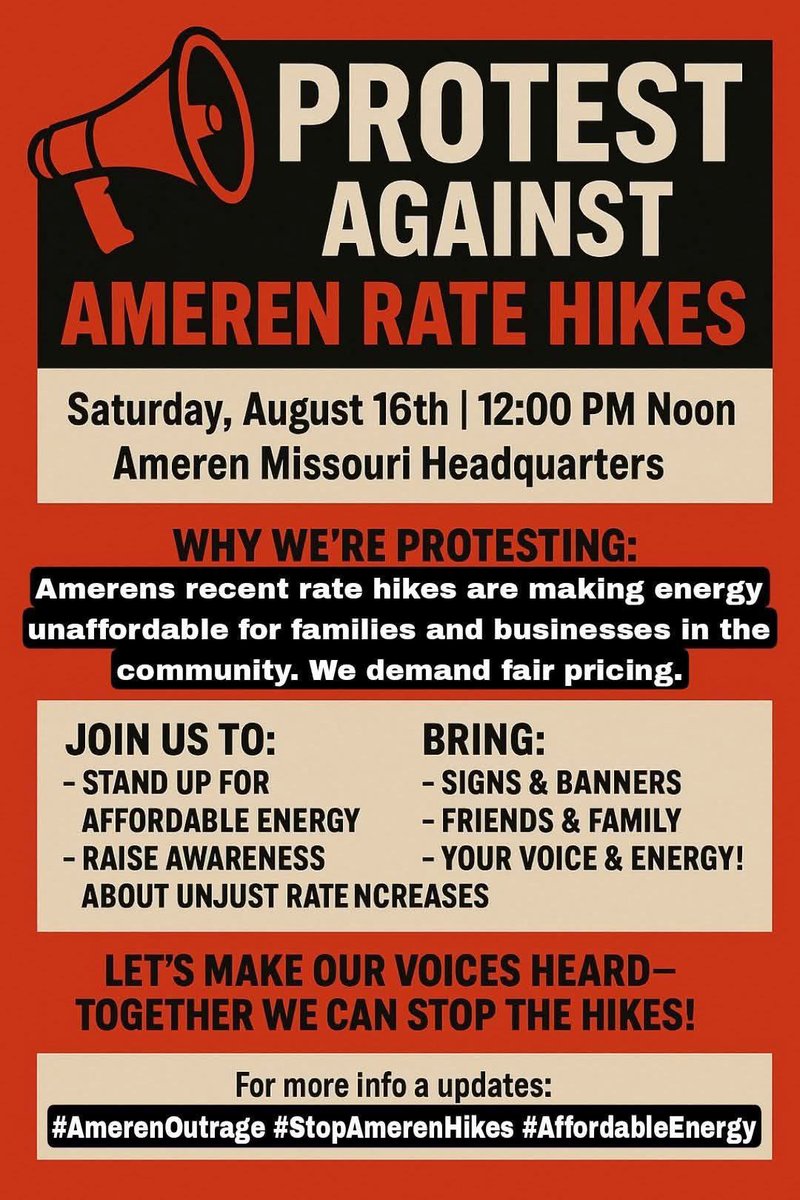 🔥 <a href="/AmerenMissouri/">Ameren Missouri</a> rate hikes are squeezing families dry. 

Rates up, bills double, while wages are the same. 

It looks like people are done paying more while corporate profits climb. 

This protest is about survival, not politics. No one should have to choose between keeping