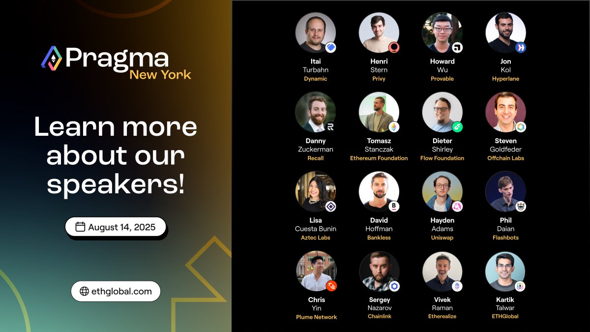 ETHGlobal's tweet photo. Introducing the next iteration of Ethereum's premiere summit: Pragma New York.

We'll get into sharp questions and dialogue with 16 influential crypto founders in New York, Aug 14 🗽 https://t.co/VWp5dQAsX6