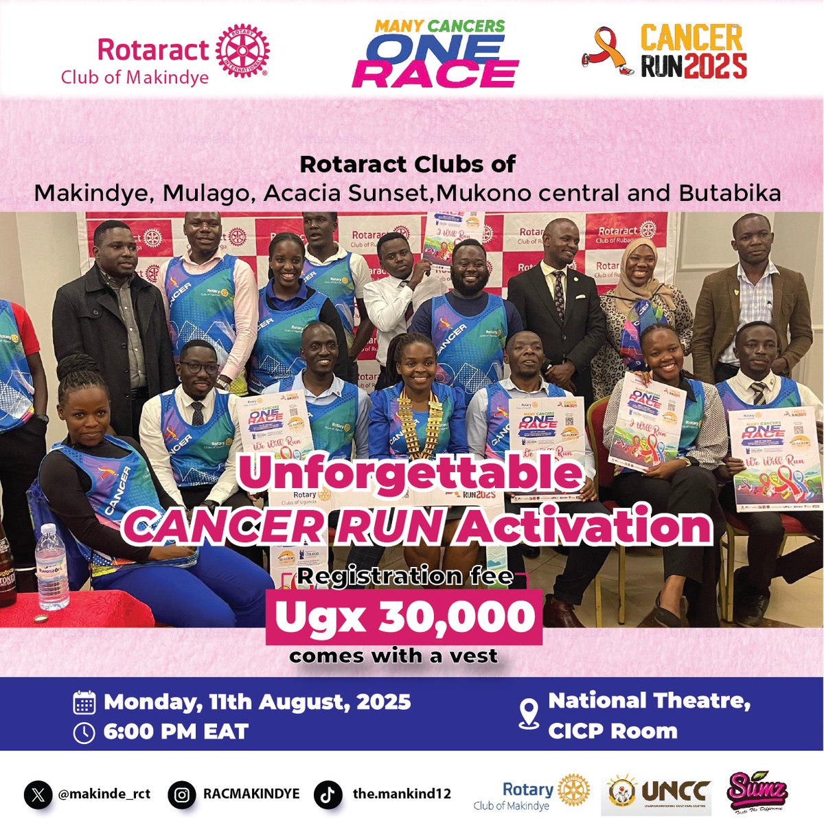 Join the Monday Clubs on the 11th August, 2025 for the #CancerRunUg25 Mega activation.

We'll be hosting together with Mulago, Acacia Sunset, Mukono central and Butabika.

#ServiceAboveSelf | #Rotaract | #ThisIsRotaract | #D9213RotaryCares | #RotaryEyamba | #UniteForGood9213