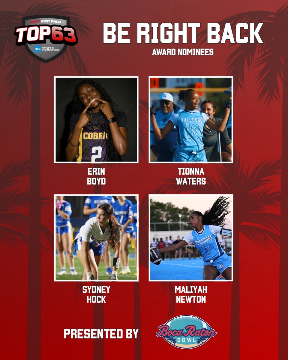 ESPN Top 63 (@espntop63) on Twitter photo Here are the Nominees for the BRB (Be Right Back) Award, presented by <a href="/BocaBowl/">Boca Raton Bowl</a>!
<a href="/d1_erin/">Erin</a>
Tionna Waters
Sydney Hock
Maliyah Newton
Find out who wins tomorrow night at the <a href="/ESPNWestPalm/">ESPN WEST PALM (106.3 FM)</a> Top 63 Awards live on YouTube! Here are the Nominees for the BRB (Be Right Back) Award, presented by <a href="/BocaBowl/">Boca Raton Bowl</a>!
<a href="/d1_erin/">Erin</a>
Tionna Waters
Sydney Hock
Maliyah Newton
Find out who wins tomorrow night at the <a href="/ESPNWestPalm/">ESPN WEST PALM (106.3 FM)</a> Top 63 Awards live on YouTube!
