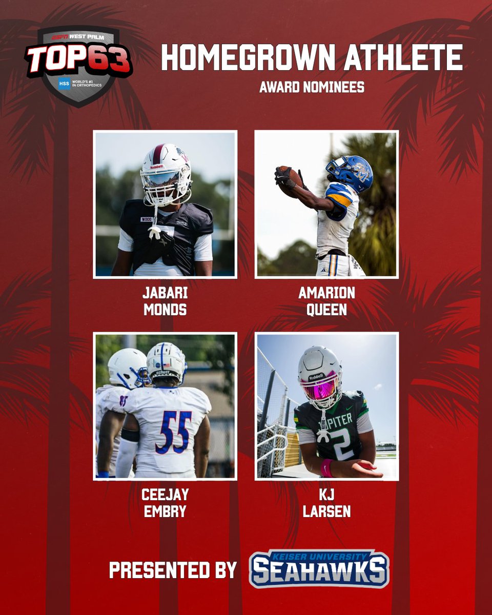 ESPN Top 63 (@espntop63) on Twitter photo Here are the Nominees for the Homegrown Athlete of the Year Award, presented by <a href="/KUSeahawks/">Keiser Seahawks</a>!
<a href="/JabariMonds21/">Jabari βprimetimeβ Monds βοΈ</a>
<a href="/AmarionQ1/">Amarion Queen</a>
<a href="/Cejayyy55/">CeeJay (55) Embry</a>
<a href="/k2larsen/">KJ Larsen</a>
Find out who wins tomorrow night at the <a href="/ESPNWestPalm/">ESPN WEST PALM (106.3 FM)</a> Top 63 Awards live on YouTube! Here are the Nominees for the Homegrown Athlete of the Year Award, presented by <a href="/KUSeahawks/">Keiser Seahawks</a>!
<a href="/JabariMonds21/">Jabari βprimetimeβ Monds βοΈ</a>
<a href="/AmarionQ1/">Amarion Queen</a>
<a href="/Cejayyy55/">CeeJay (55) Embry</a>
<a href="/k2larsen/">KJ Larsen</a>
Find out who wins tomorrow night at the <a href="/ESPNWestPalm/">ESPN WEST PALM (106.3 FM)</a> Top 63 Awards live on YouTube!
