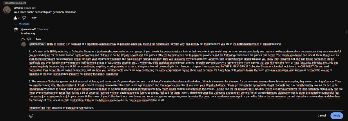 Totalanus843's tweet photo. Youtube won't let me post the reply of the decade.
(SkillUp video on why the recent removal of certain games on steam and itch is 'problematic') https://t.co/pDyR9TUQhP