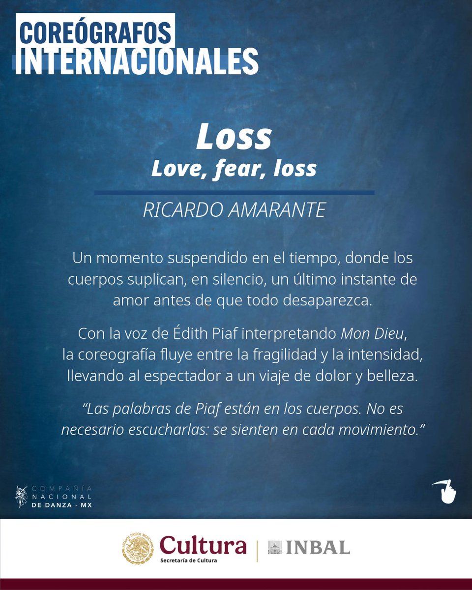 CNDanzaMX's tweet photo. 🇧🇷 #ConoceA Ricardo Amarante, coreógrafo brasileño que combina técnica y emoción. “Love, Fear, Loss” es un retrato dancístico del amor y la ausencia, con música de Charles Dumont y la voz de Edith Piaf.
🎟️¡Compra tus boletos hoy mismo para “Coreógrafos Internacionales”! https://t.co/3ied7AEjNo
