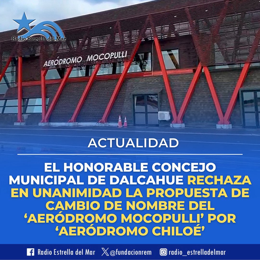 ✈️| Luego que la Cámara de Comercio y Turismo de Ancud levantara la iniciativa de requerir al Ministerio de Obras Públicas el cambio de nombre del aeródromo ubicado en Mocopulli para que pase a llamarse “Chiloé”, desde la comuna de Dalcahue, el Concejo Municipal rechazó la idea.