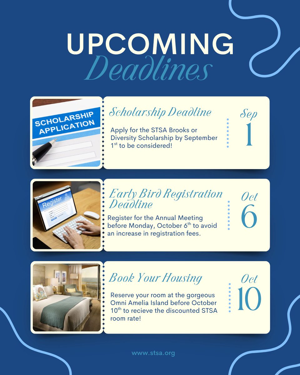 UPCOMING DEADLINES! Be sure to keep these dates in mind, as they are quickly approaching. Be sure to register and book your housing as soon as possible to recieve the best rates. Encourage your trainees to apply for a scholarship!