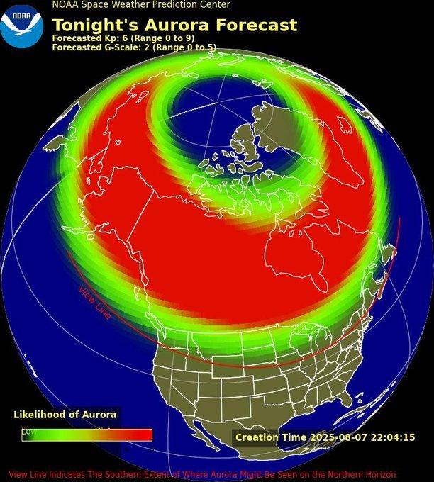 Plasma from Tuesday's M4.4 solar flare will arrive TONIGHT
Combined effects from a coronal mass ejection (CME), which lifted off the Sun on 05 Aug, and a coronal hole high-speed stream (CH HSS) are expected to cause G2 (Moderate) geomagnetic storming on 08-09 Aug.

Source: NOAA