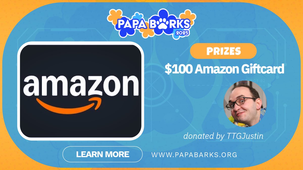 It’s almost time! Thank you to TTGJustin for donating this $100 Amazon gift card to our #PapaBarks finale drawing!

Get those donations in while you can! The raid train’s still rolling, the finale’s almost here, and every $5 gets you an entry for amazing prizes!