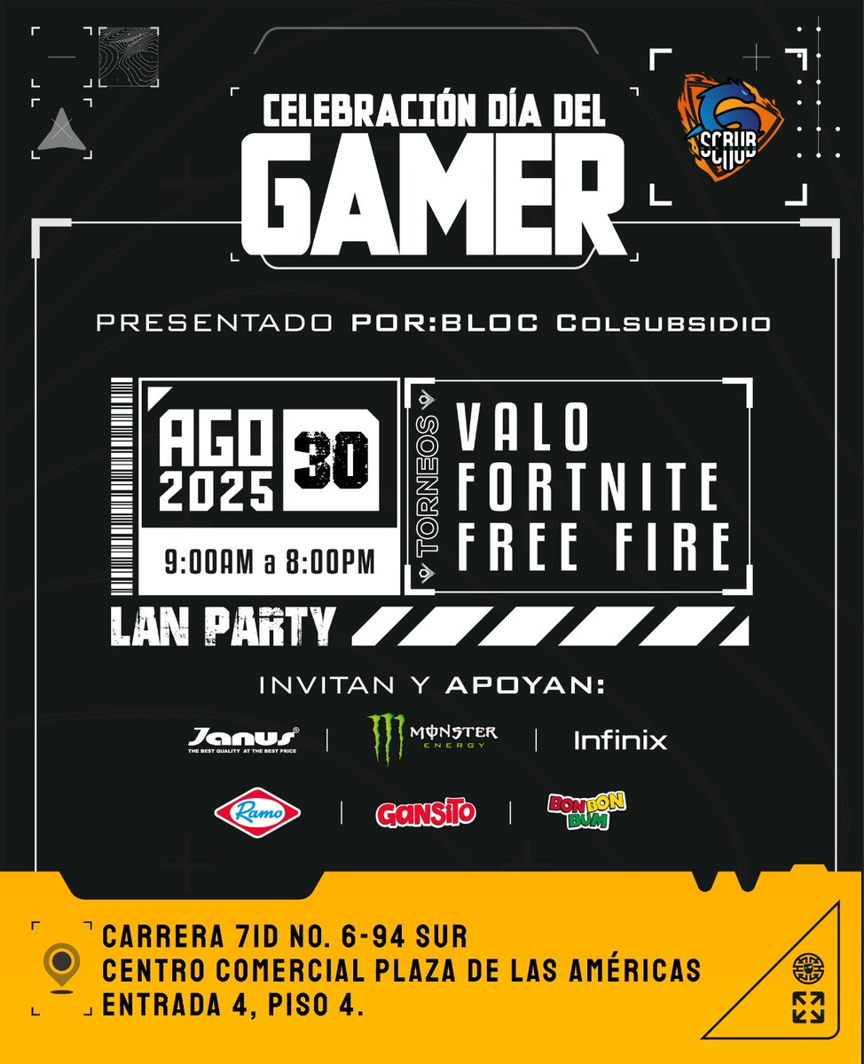 🎮🔥 ¡DÍA DEL GAMER EN BLOC COLSUBSIDIO! 🔥
✨ ¡No es solo competir, es una Celebración GAMER con premios, sorpresas y muchos regalos ! ✨

📍 Sábado 30 de Agosto | 10AM - 6PM
🕹️ BLOC Plaza de las Américas | Cra. 71D #6-94 Sur | Entrada 4, Piso 4