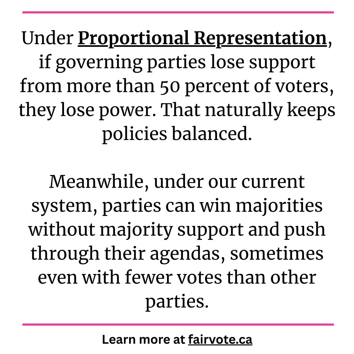 FairVoteCanada's tweet photo. Proportional representation means parties must keep the support of most voters to stay in power, leading to balanced policies. 

Meanwhile, first-past-the-post can hand majority control to parties without majority support, leaving many voices unheard.

#cdnpoli https://t.co/2mvRrb9m0Z