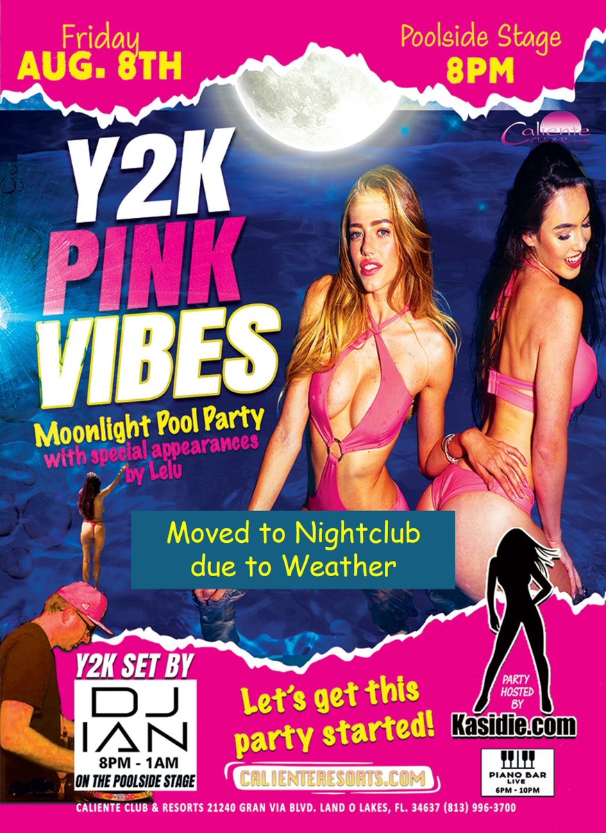 Our Friday night pool party schedule continues tonight, but with a twist. Mother Nature might make things 💦 so we're moving our Y2K Pink Vibes Party into the Fiesta Nightclub! Join our sexy friends from Kasidie.com for another Friday night filled with all the right