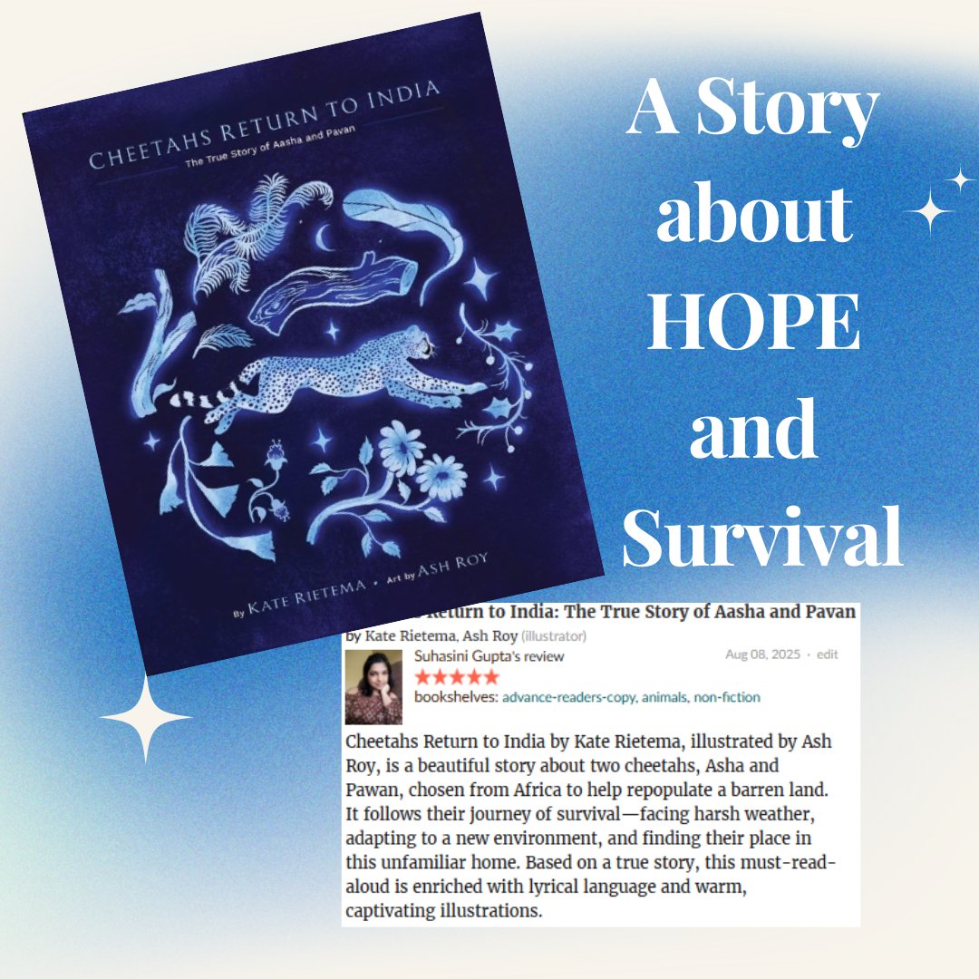 Must check out! CHEETAS RETURN TO INDIA written by <a href="/PB_Buds/">PB_Buds</a> member <a href="/KateRietema/">Kate Rietema</a>, is coming out next week. A lyrical ode to the hope and survival of two cheetahs, Asha and Pawan, based on a true story. 
<a href="/tilburyhouse/">Tilbury House Publishers</a> #kidlit #author #picturebook #nonficton