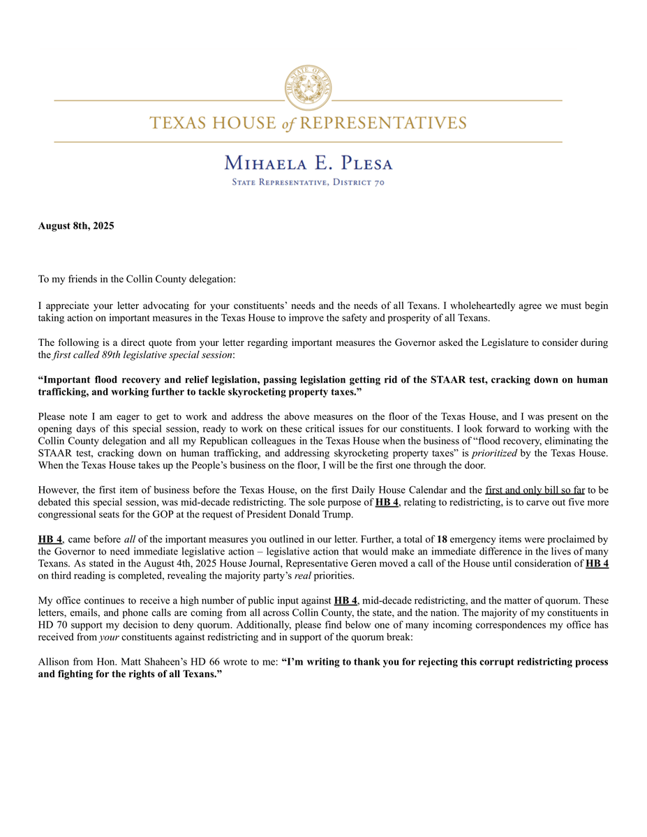 plesafortexas's tweet photo. Please read my response to the letter from my friends in the Collin County Delegation, requesting an end to the quorum break:

#HD70 #txlege https://t.co/iLRbEpe6Ef