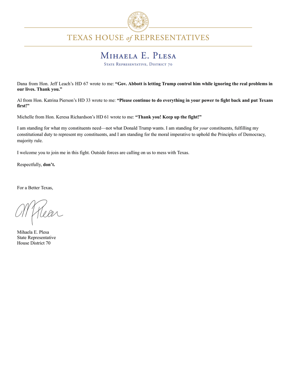 plesafortexas's tweet photo. Please read my response to the letter from my friends in the Collin County Delegation, requesting an end to the quorum break:

#HD70 #txlege https://t.co/iLRbEpe6Ef