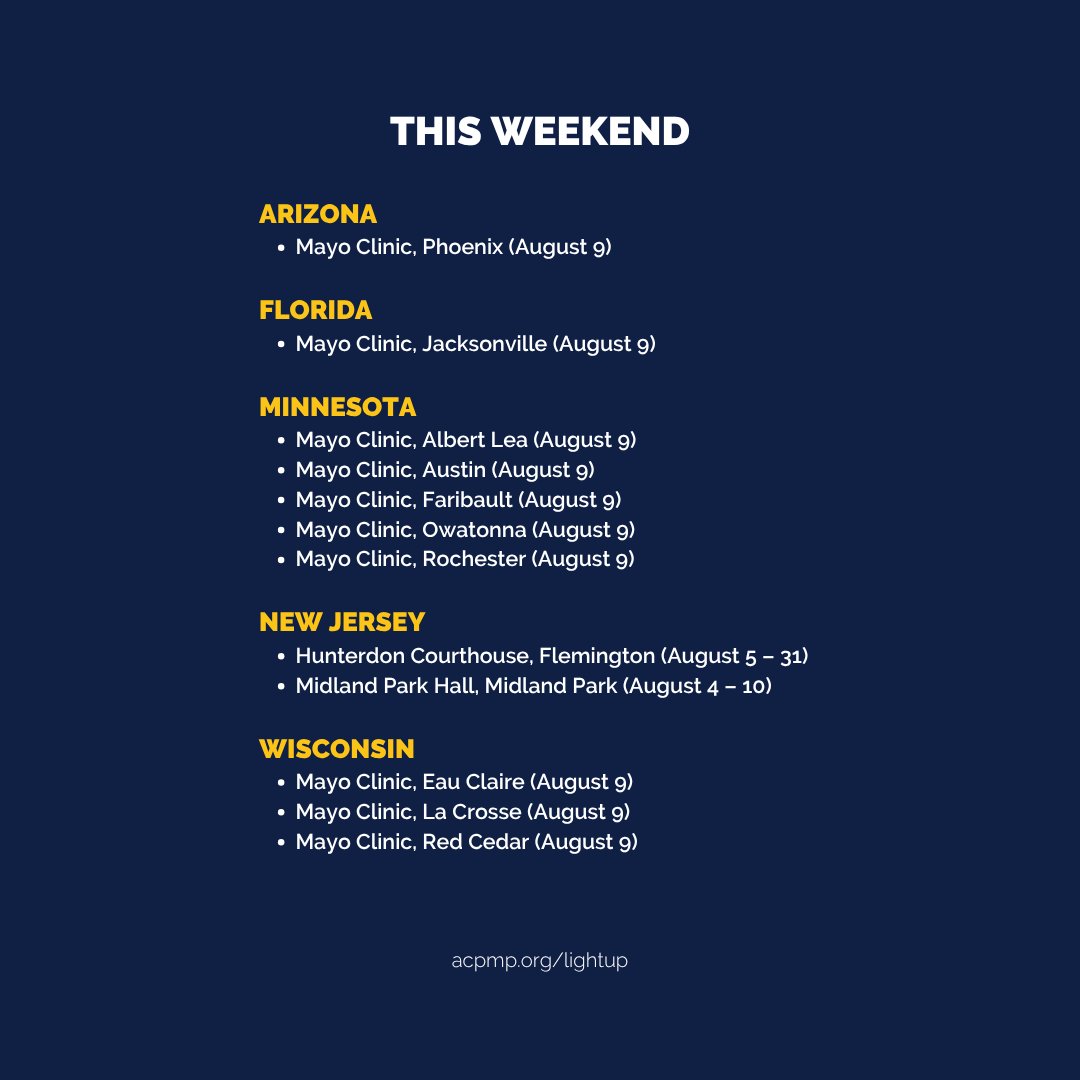 acpmpresearch's tweet image. This weekend, Mayo Clinic sites in Rochester, Scottsdale, Jacksonville, and across WI &amp;amp; MN are Lighting Up Amber for Appendix Cancer Awareness!💛

📸Snap photos &amp;amp; share with #AmberForAppendixCancer

🔗 View the full list of landmarks: acpmp.org/lightup

#TurnAugustAmber