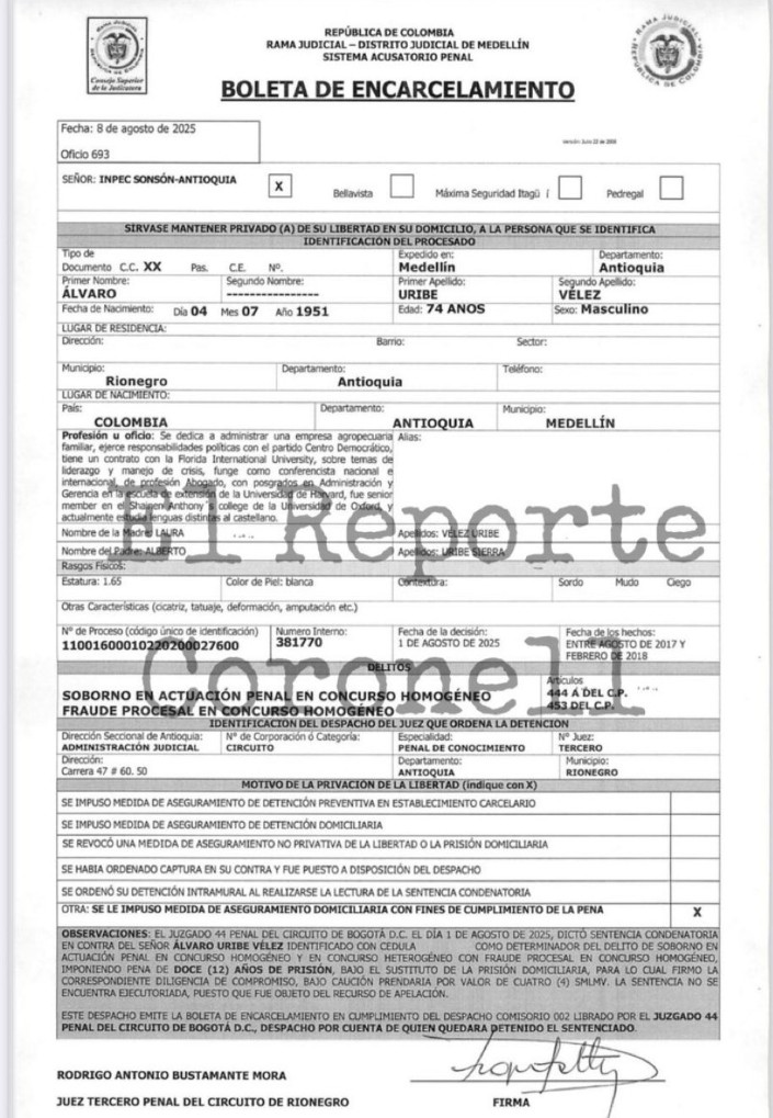 Amigo uribista no se vaya a ofender por lo que le voy a decir pero esta es la boleta de encarcelamiento del reo Alvaro Uribe Vélez y su número es 381770. 😂😂😂