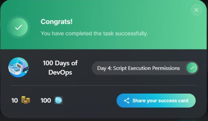 jidefal's tweet photo. Day 4 #100daysofDevops by @KodeKloudHQ 
I focused on Script Execution Permissions https://t.co/8uzDApavLG