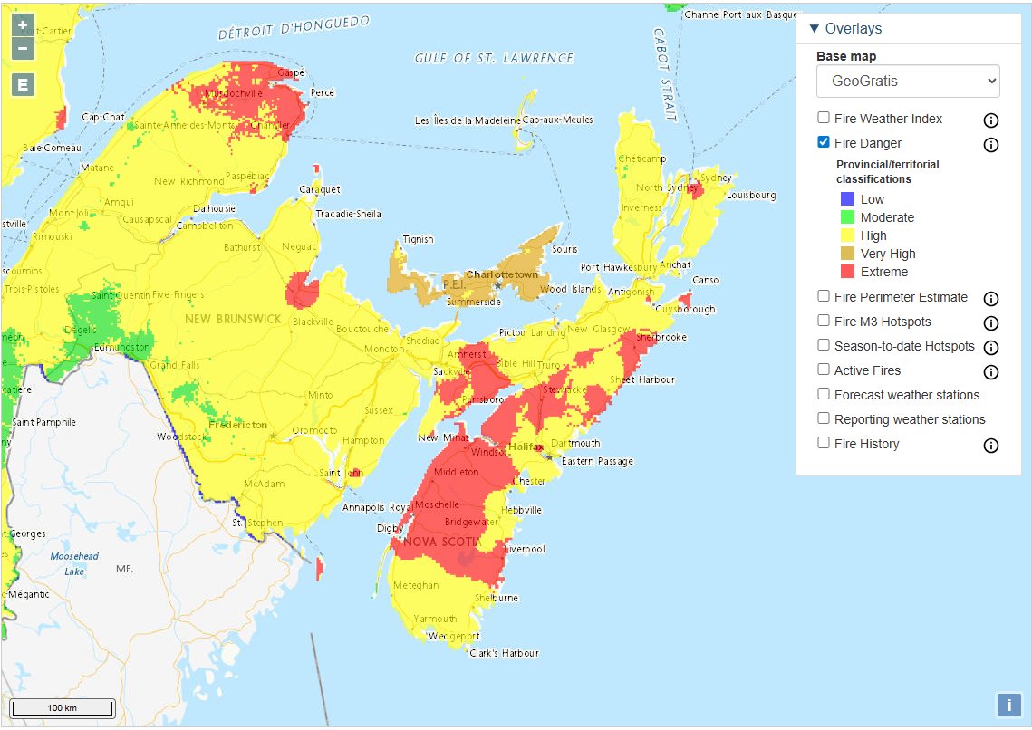 This is today's map from natural-resources.canada.ca/forest-forestr… - The Extreme areas in Nova Scotia have spread, and Lower Sackville has now been added to that. Please stay out of the woods. Until we get significant rain this is only going to get more dangerous.