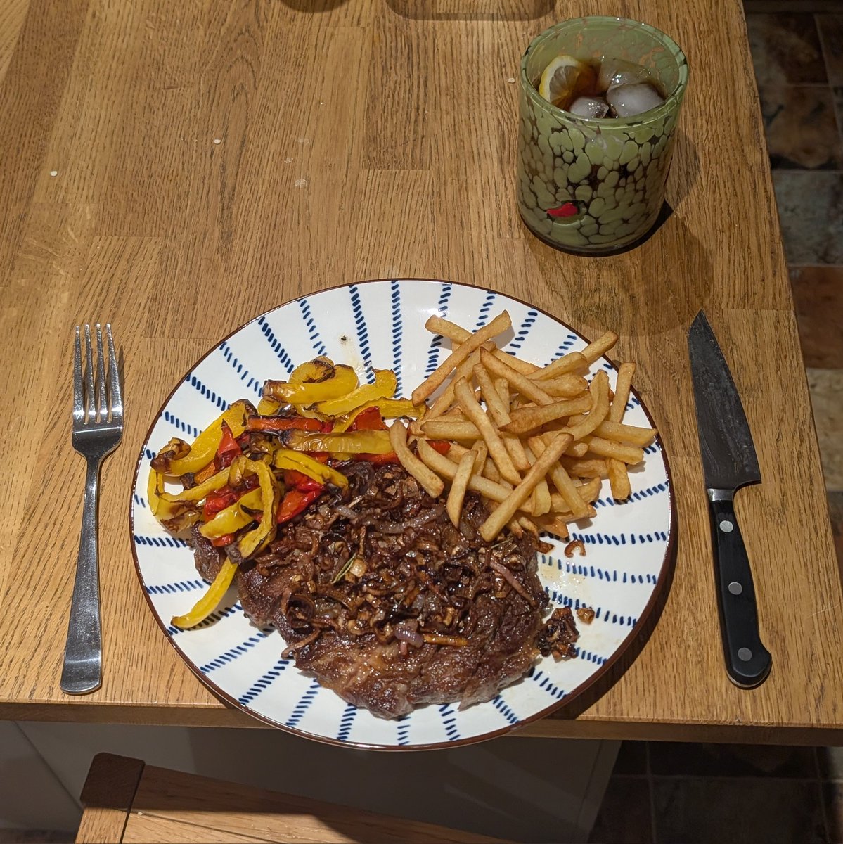 ribeye with shallots, roast peppers and fries ! don't usually share cooking but i enjoyed making this tonight