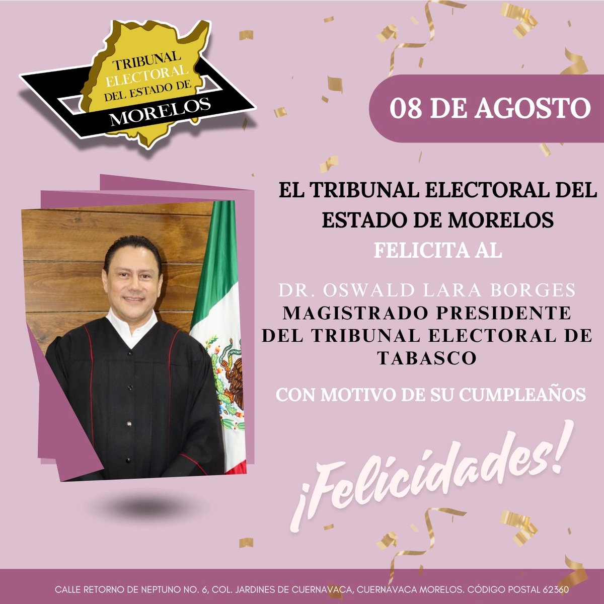 TEEMorelos (@teemorelos) on Twitter photo El <a href="/TEEMorelos/">TEEMorelos</a>, felicita al Dr. Oswald Lara Borges, Magistrado Presidente del Tribunal Electoral de Tabasco con motivo de su cumpleaños.
Felicidades 🎊
<a href="/OswaldLaraB/">Oswald Lara Borges</a> El <a href="/TEEMorelos/">TEEMorelos</a>, felicita al Dr. Oswald Lara Borges, Magistrado Presidente del Tribunal Electoral de Tabasco con motivo de su cumpleaños.
Felicidades 🎊
<a href="/OswaldLaraB/">Oswald Lara Borges</a>