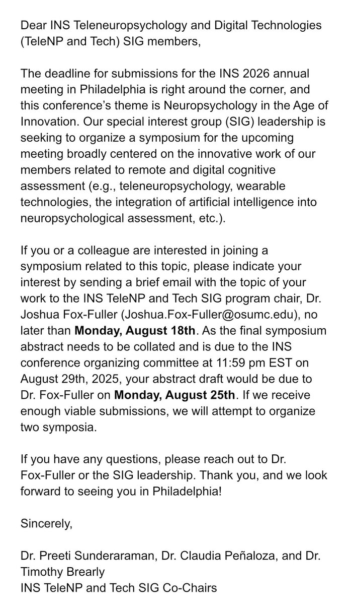 Attention #neuropsychology colleagues: are you planning to attend <a href="/INSneuro/">INS</a> 2026 annual in Philadelphia and to submit work related to technology (broadly defined) and <a href="/Teleneuropsych/">Teleneuropsychology</a>? If so, please consider submitting your work as part of a symposium organized by our INS SIG!