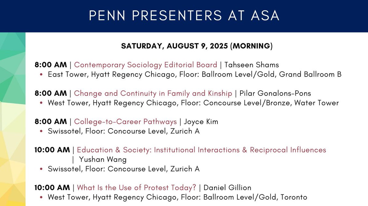 PennPSC's tweet photo. Penn @ #ASA2025

Come catch these presenters SATURDAY AM!

Tahseen Shams
@pilargonalons
@joycejkim 
Yushan Wang
@DanielGillion

FULL PRESENTATION SCHEDULE HERE:
https://t.co/iid4uwiGit https://t.co/Xp8Okj13PK