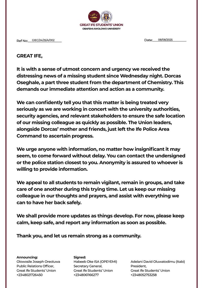 Great Ife Students' Union (@greatife_su) on Twitter photo *GREAT IFE STUDENTS' UNION OBAFEMI AWOLOWO UNIVERSITY, ILE-IFE*
Ken Saro-Wiwa Building, OAU greatifestudentsunion@gmail.com
🤳🏿Twitter: x.com/greatife_su
🤳🏿 Instagram: instagram.com/greatife_su
🤳🏿Facebook: facebook.com/greatifestuden…
_FRIDAY, AUGUST 8, 2025_
Great Ife, *GREAT IFE STUDENTS' UNION OBAFEMI AWOLOWO UNIVERSITY, ILE-IFE*
Ken Saro-Wiwa Building, OAU greatifestudentsunion@gmail.com
🤳🏿Twitter: x.com/greatife_su
🤳🏿 Instagram: instagram.com/greatife_su
🤳🏿Facebook: facebook.com/greatifestuden…
_FRIDAY, AUGUST 8, 2025_
Great Ife,