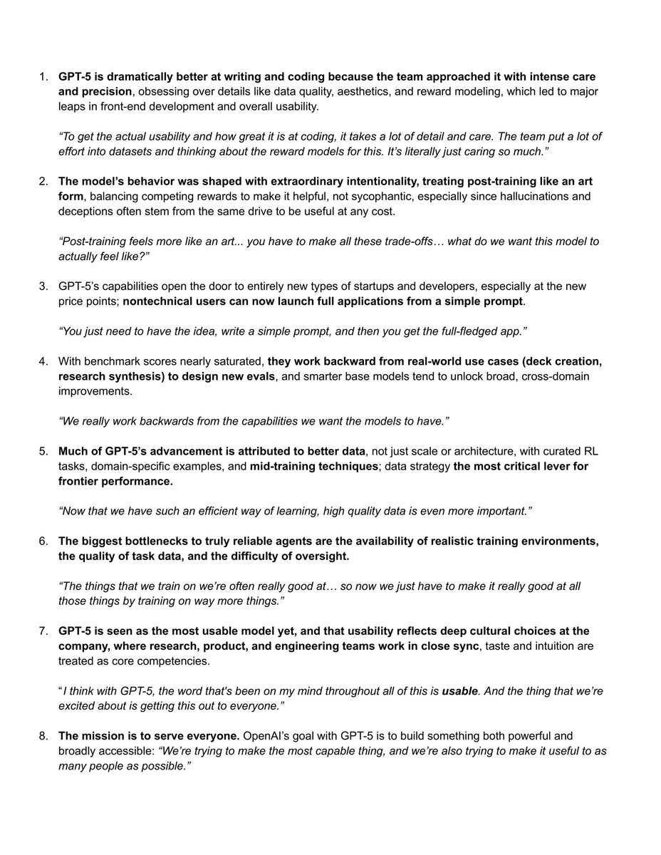 I’ve been lucky to work with @openai since 2021, but this was the first time sitting down with the people actually building GPT-5 and ChatGPT Agent. 

<a href="/christinahkim/">christina kim</a> and <a href="/isafulf/">Isa Fulford</a> shared such a clear view into how these models are made and what the team prioritizes as they build
